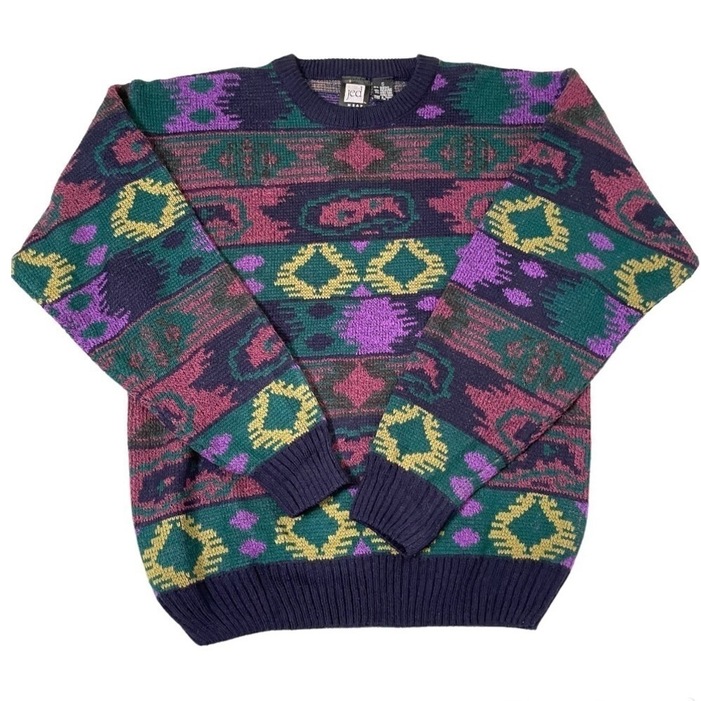 Vintage multi color geometric crew neck sweater small